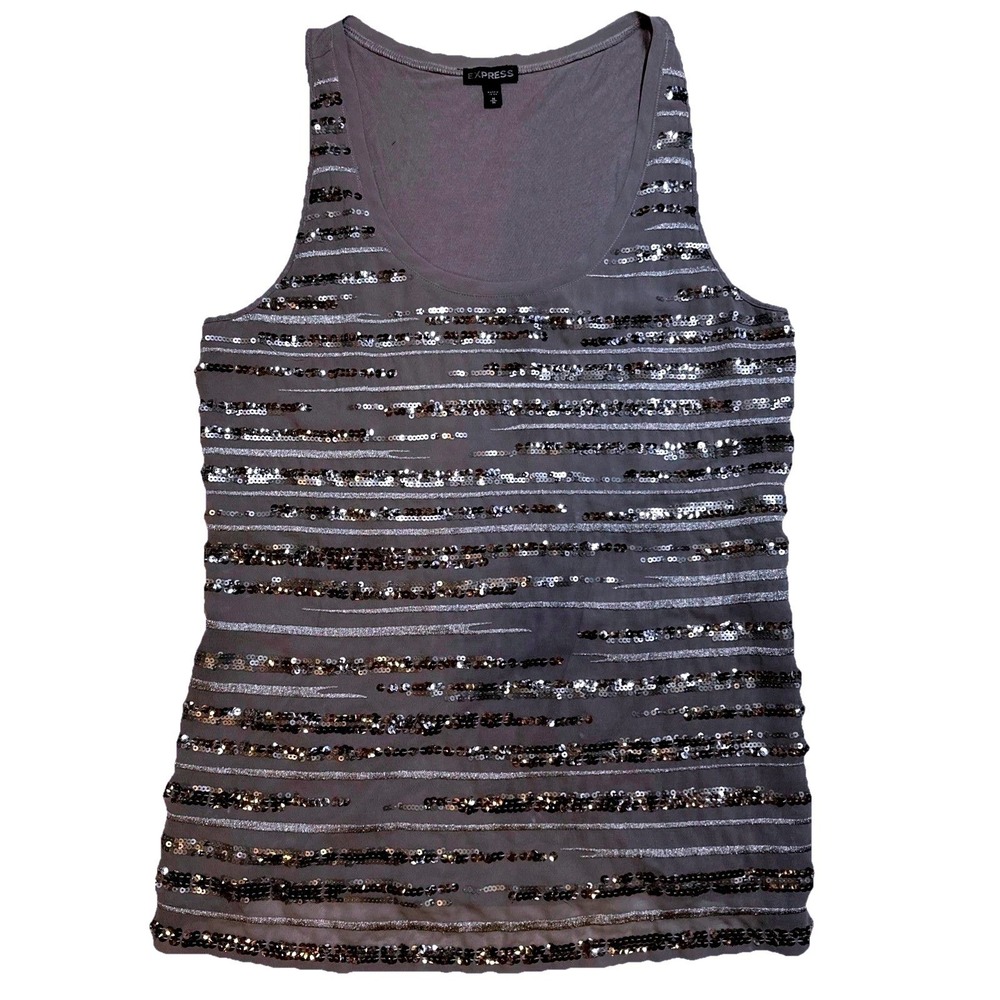 Express Gray Sequins Striped‎ Tank Top Women Size M